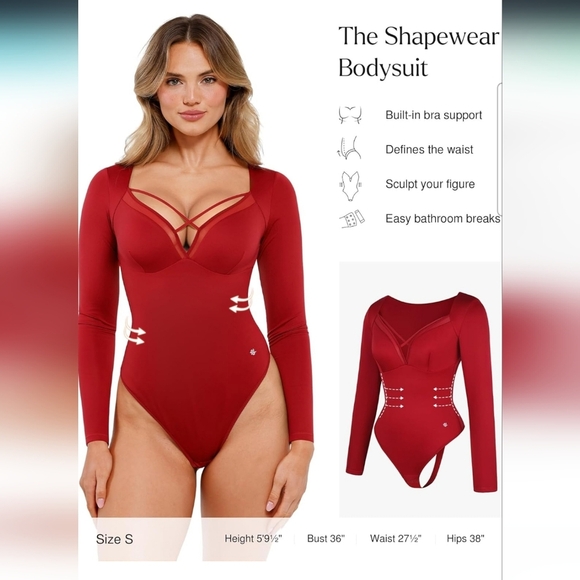Popilush Women's Longsleeve Maroon Shapewear Tummy Control Bodysuit Size XXL - Picture 2 of 11